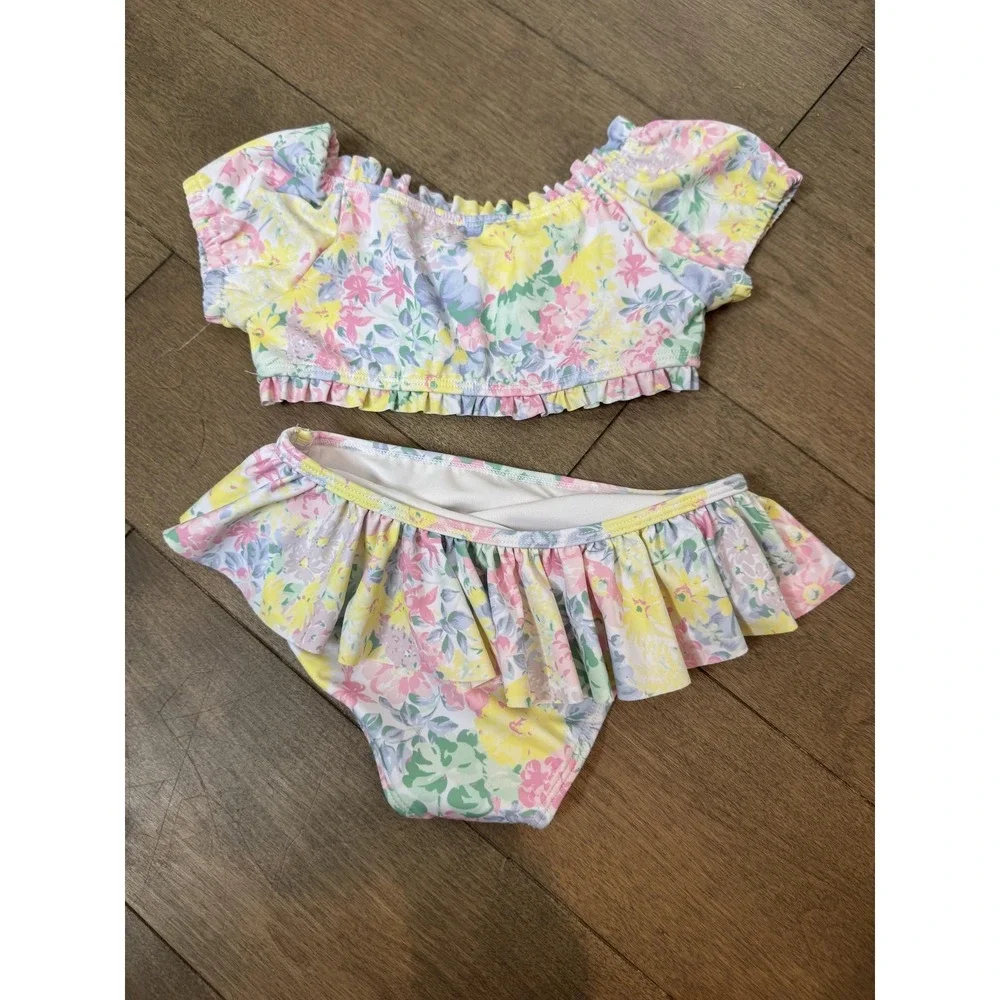 Janie And Jack Swim Set Girls 5 Multicolor Floral Ruffle Bow Bikini Skirted‎
